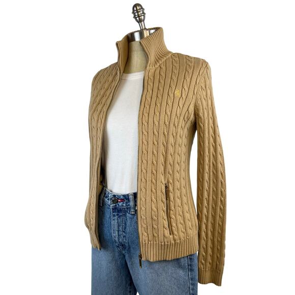 Polo Ralph Lauren Full Zip Cable Knit Crest Sweater Light Brown Gold (Sz S) - Picture 1 of 13